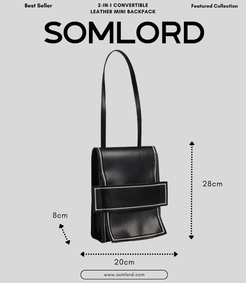 SOMLORD 2-in-1 Convertible Leather Mini Backpack – dimension details showcasing its compact yet functional design.