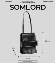 SOMLORD 2-in-1 Convertible Leather Mini Backpack – dimension details showcasing its compact yet functional design.