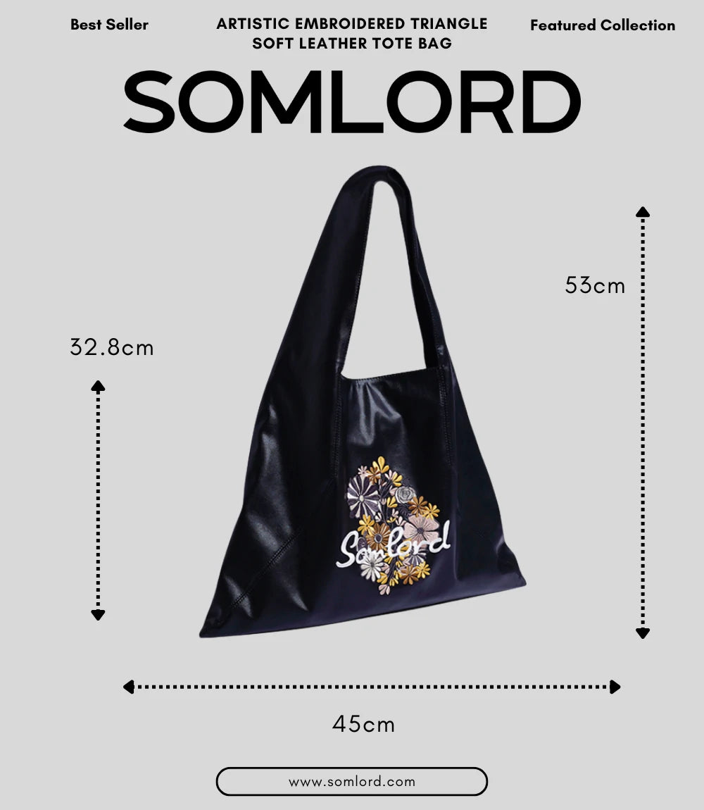 SOMLORD Artistic Embroidered Triangle Soft Leather Tote Bag – detailed dimensions showcasing its sleek and functional structure.
