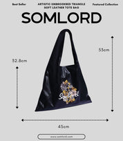 SOMLORD Artistic Embroidered Triangle Soft Leather Tote Bag – detailed dimensions showcasing its sleek and functional structure.