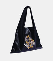 Artistic Embroidered Triangle Soft Leather Tote Bag – black leather tote with intricate floral embroidery, designed for modern elegance.