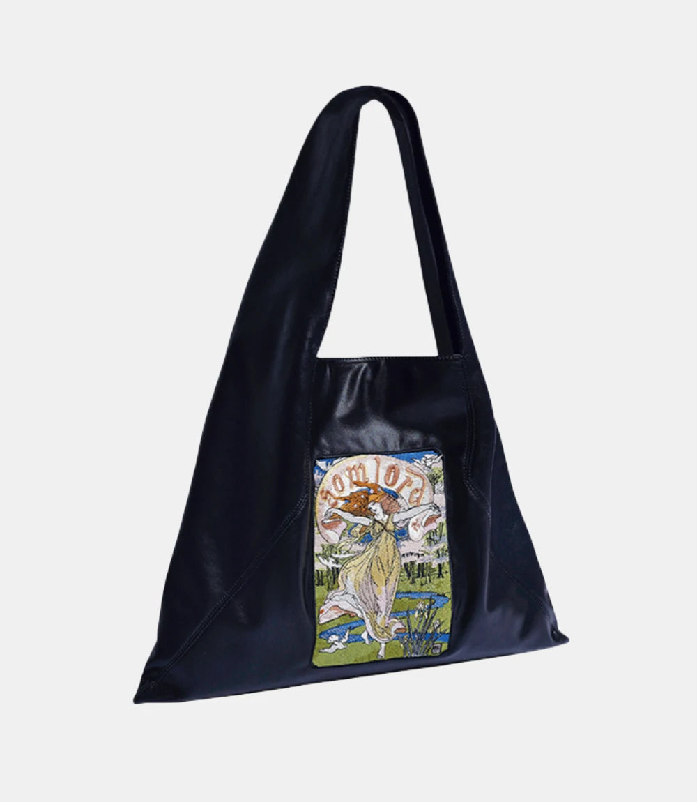 Minimalist black triangle tote – featuring goddness design embroidered details, crafted from soft leather for a stylish yet functional carry.