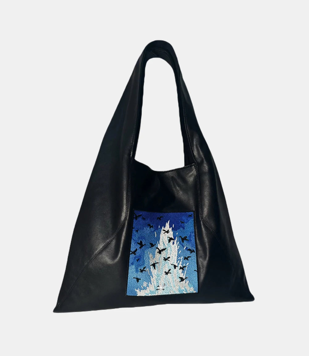 Ocean-inspired Artistic Embroidered Tote Bag – elegant and versatile, featuring soft leather and hand-stitched embroidery.