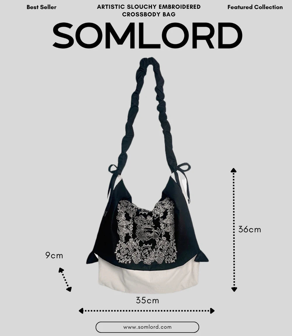 SOMLORD Artistic Slouchy Embroidered Crossbody Bag – detailed dimensions showcasing its spacious design and practical carrying options.