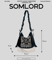 SOMLORD Artistic Slouchy Embroidered Crossbody Bag – detailed dimensions showcasing its spacious design and practical carrying options.
