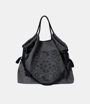 Paisley Embroidered Crossbody Tote Bag in dark gray – stylish and spacious tote with intricate embroidery and a soft, collapsible structure.