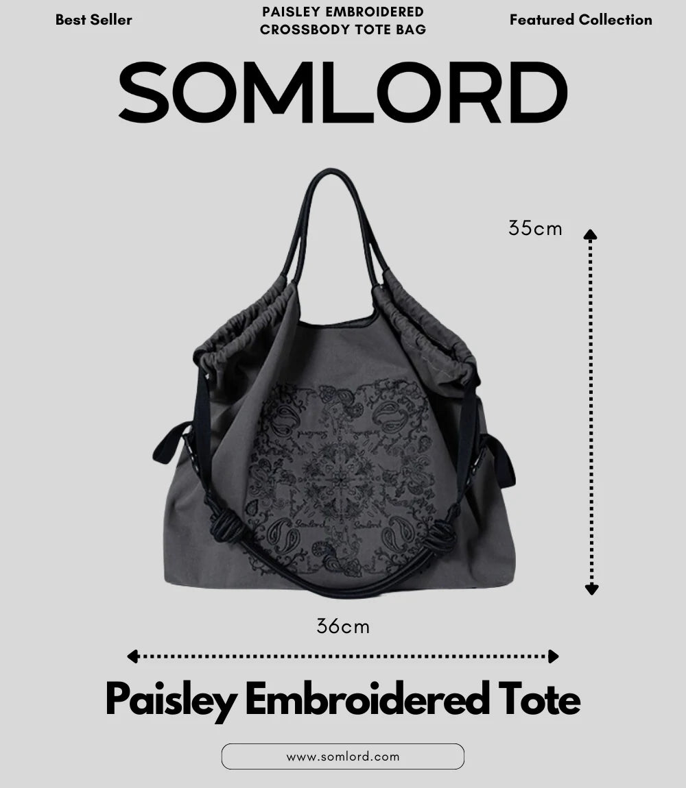 SOMLORD Paisley Embroidered Tote Bag – dimension specifications highlighting its spacious and functional design.