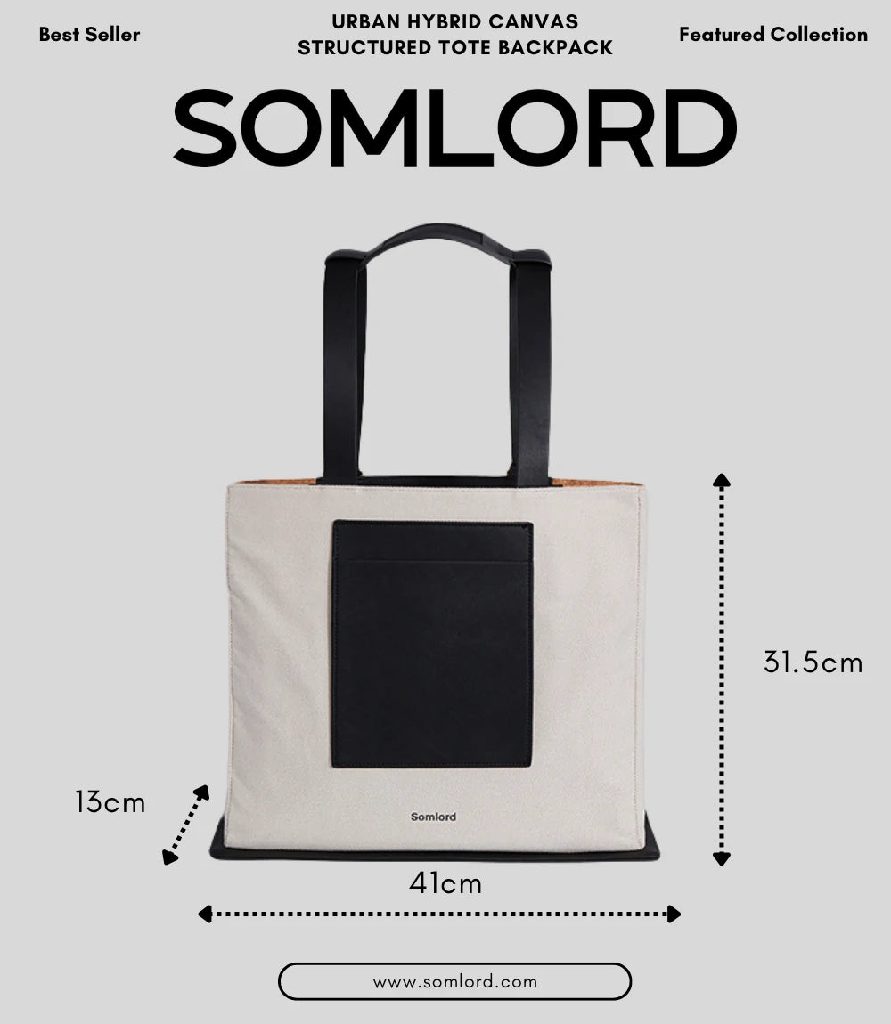 SOMLORD Urban Hybrid Canvas Structured Tote Backpack – detailed size specifications highlighting its spacious and modern design.