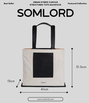 SOMLORD Urban Hybrid Canvas Structured Tote Backpack – detailed size specifications highlighting its spacious and modern design.